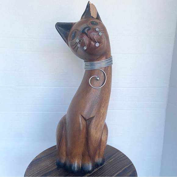Siamese Cat Wood Statue Hand Carved MixedMedia Wire Wrapped Art Figurine